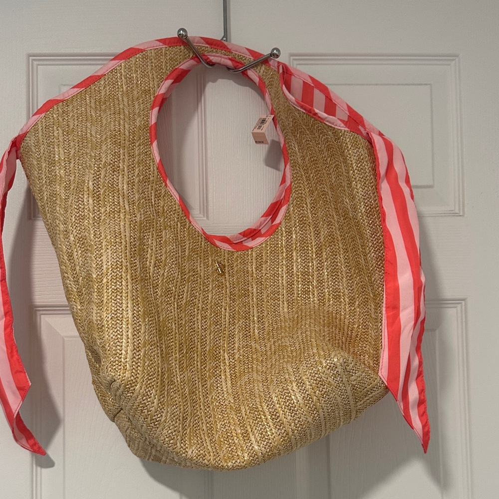Victoria's Secret Straw Tote with Pink and Coral Stripe Trim